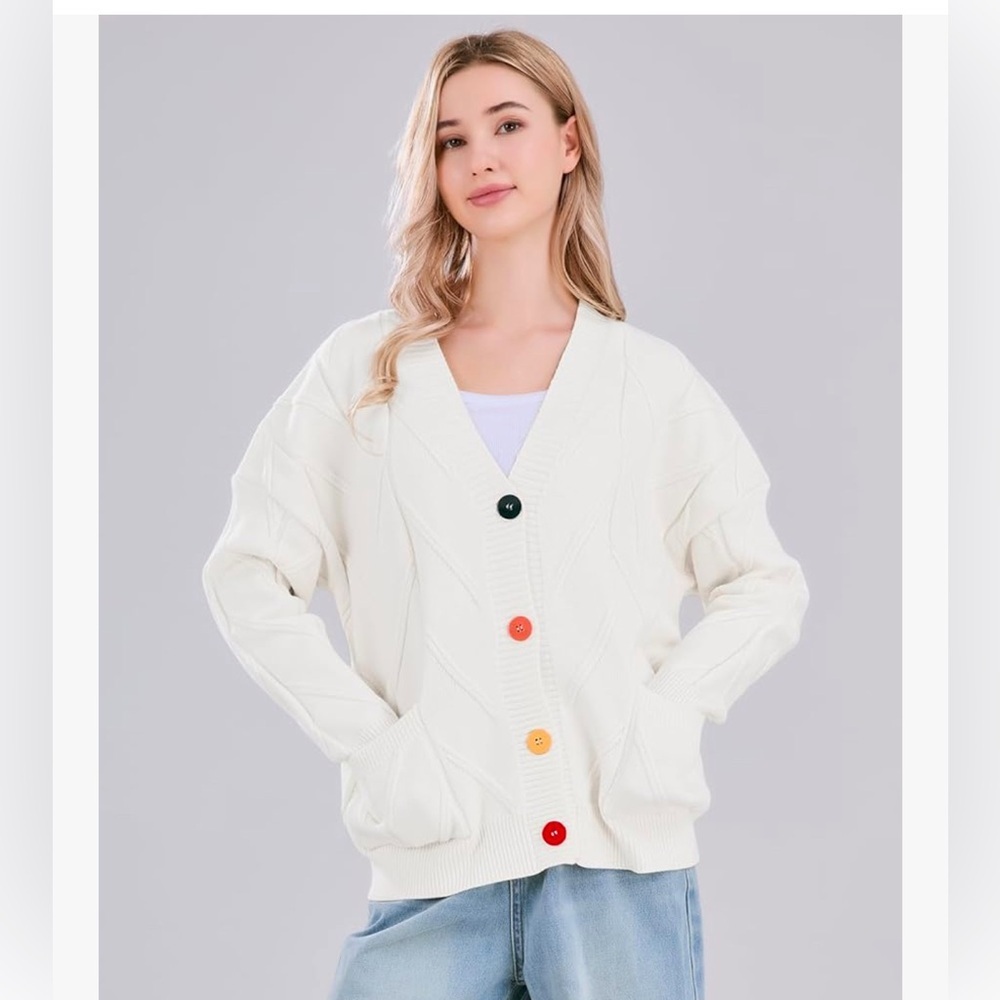 Boho Free People Inspired Ebossy Off White Cable Knit Cardigan Colorful Button S - Picture 2 of 13